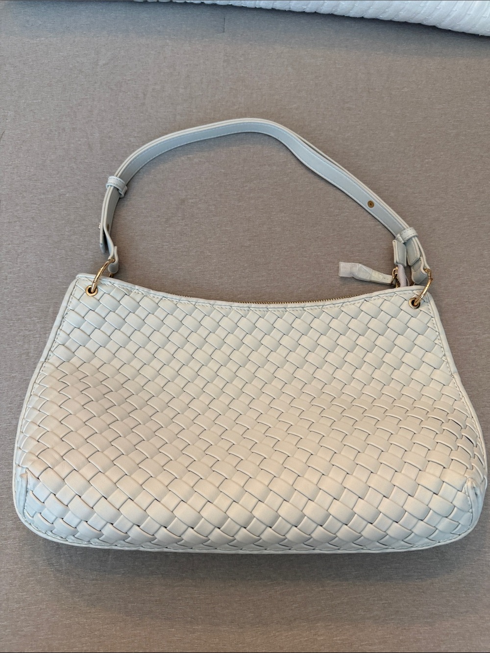 New Woven Shoulder Bag in White with adjustable strap and gold hardware